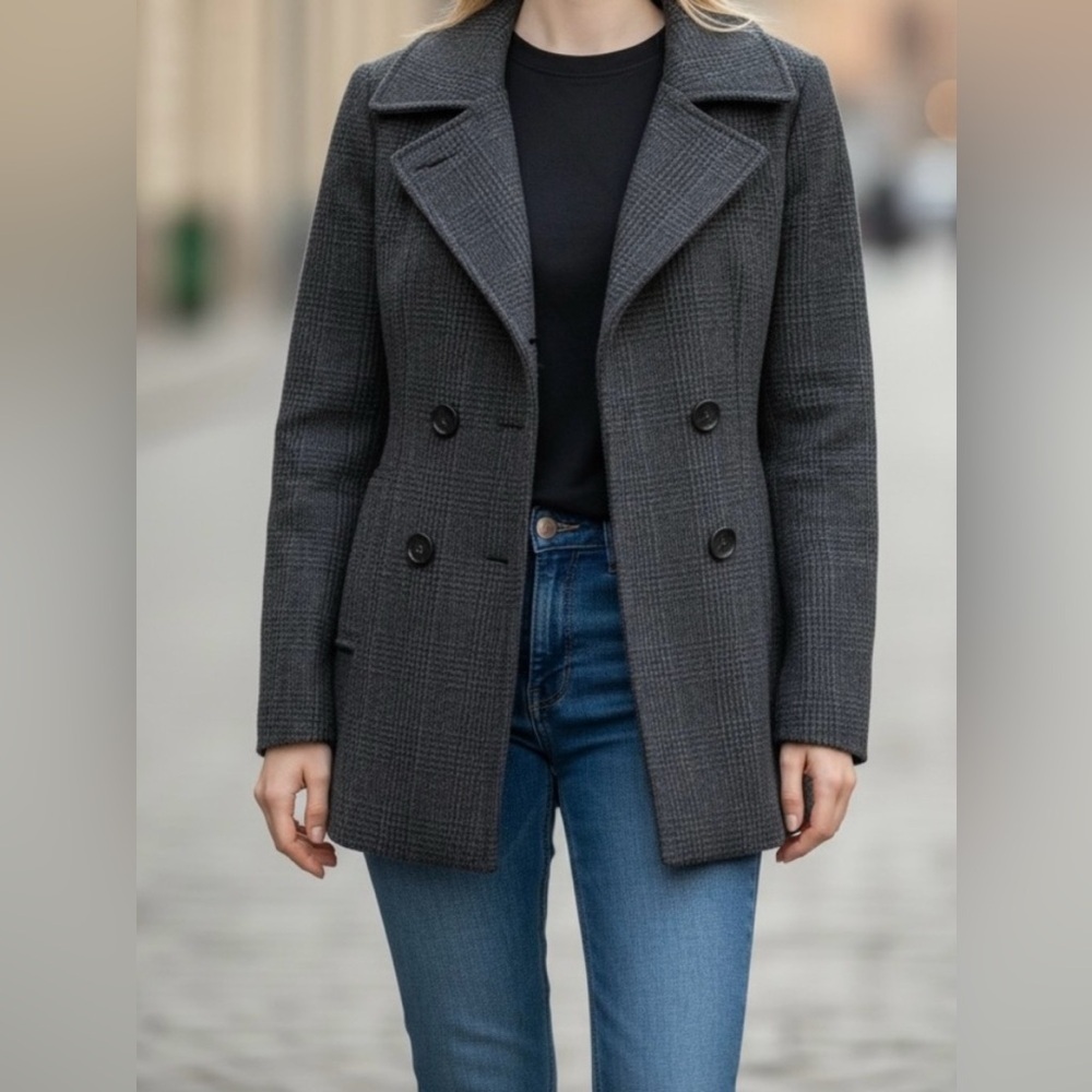 EGO Collection Wool Blend Plaid Double-Breasted Pea Coat Women’s Small